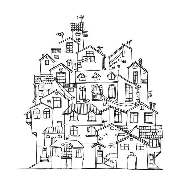 Doodle casa mano dibujada en blanco y negro. Casas escandinavas de tinta de dibujos animados. Ilustración vectorial. — Vector de stock