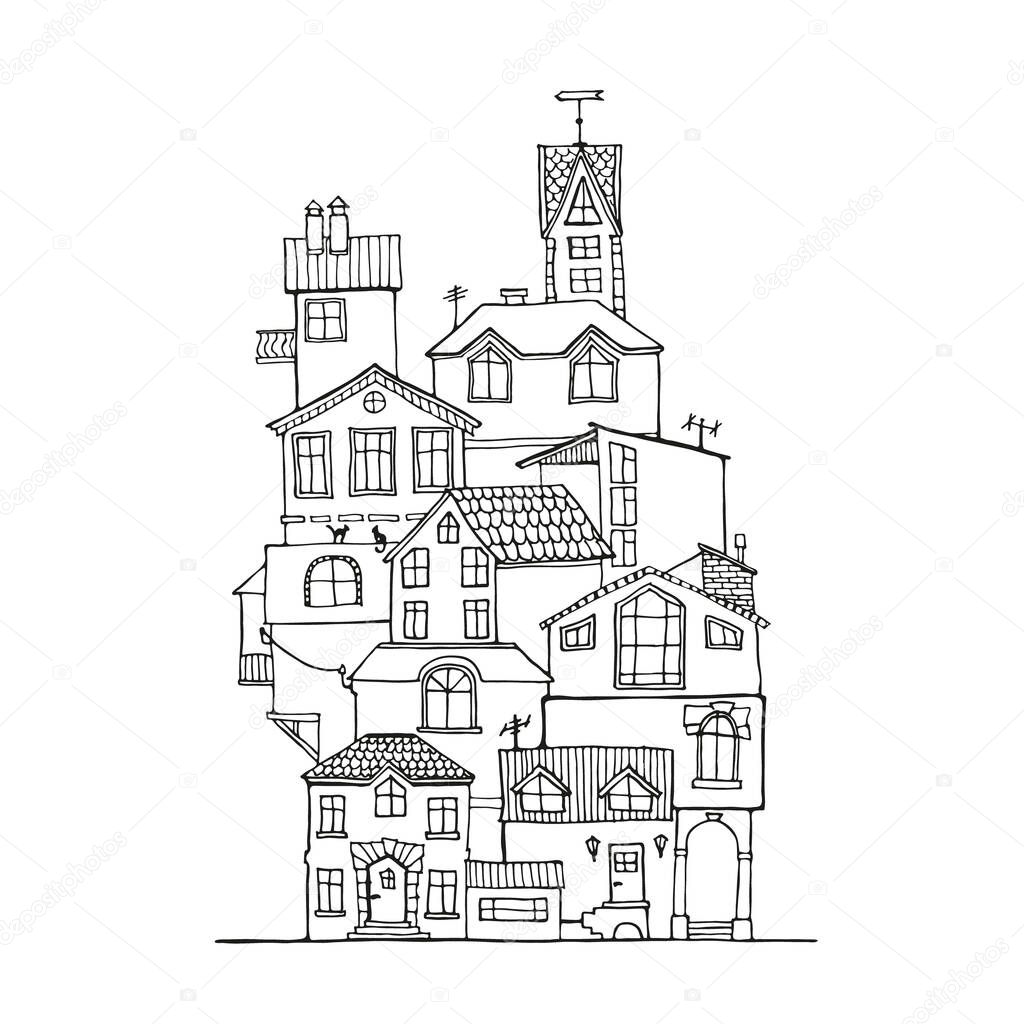 Doodle house hand drawn in black and white. Scandinavian cartoon ink houses. Vector Illustration.