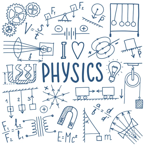 Phisics symboler ikon set. Vetenskapligt ämne klotter design. Utbildnings- och studiebegreppet. Tillbaka till skolan skissartad bakgrund för bärbar dator, inte pad, skissbok. — Stock vektor