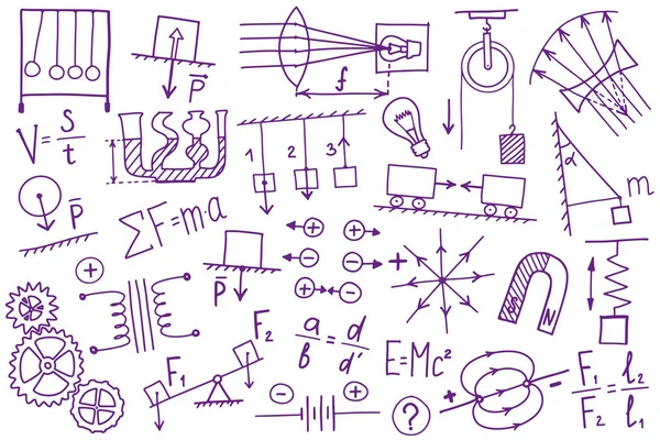 Phisics 상징 아이콘 세트. 과학적 주제의 낙서 디자인. 교육 과 연구 개념. 다시 학교로 돌아가서 수첩이 아니라 스케치북을 만들었습니다. — 스톡 벡터