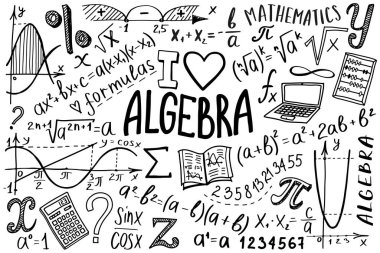 Matematik sembolleri seti. Matematik ya da matematik karalama tasarımı. Eğitim ve öğrenim kavramı. Not defteri için okula geri dönüyorum, defter için değil. El çizimi illüstrasyon.