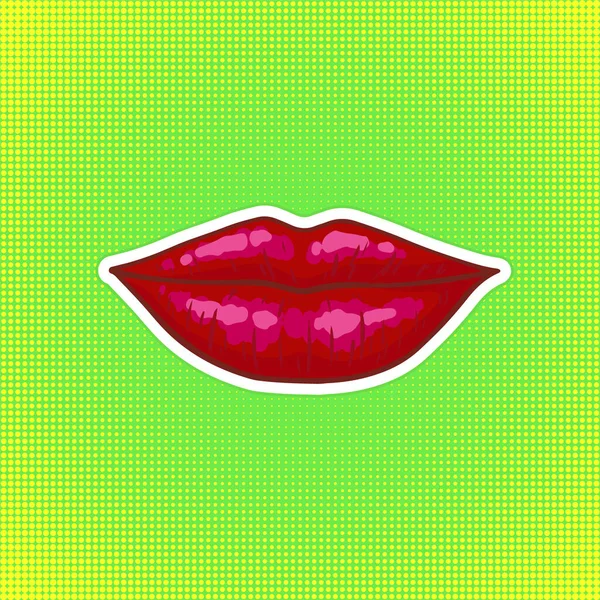 Ikon bibir merah seksi pada latar belakang komik. Wanita cantik mencium dengan lipstik mengkilap. Ilustrasi vektor mode. - Stok Vektor
