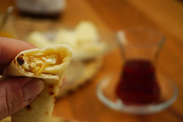 Pain Lavande Fait Main Petit Déjeuner Turc Sur Table Bois — Photo