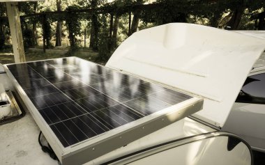 Solar panel on caravan close up view
