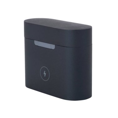 Beyaz arka planda kablosuz kulaklık. Suçlama davasında kulaklığı kapat..