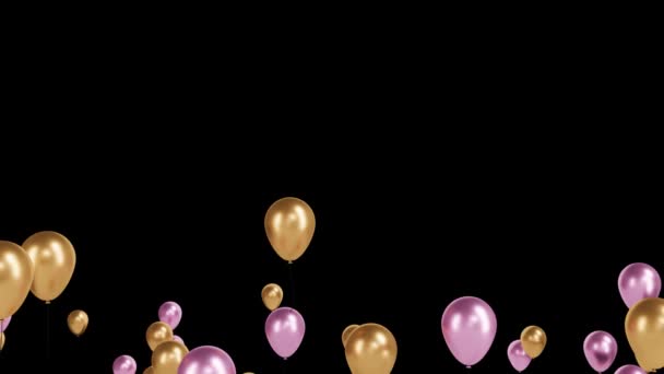 Colorful pink and golden balloons fly up on black isolated background. Festive. — Stock Video