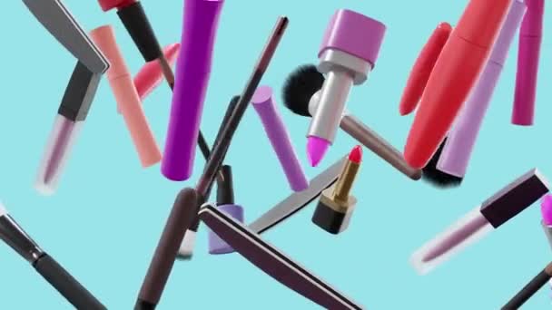 Productos cosméticos. Juego de herramientas de maquillaje. Accesorios de maquillaje volar sobre fondo azul. — Vídeo de stock