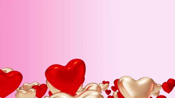 Valentin nap. Piros és arany szív alakú léggömbök repülnek fel rózsaszín háttér. — Stock videók