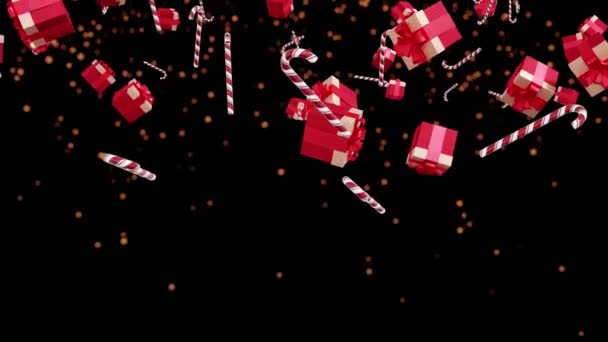 Різдвяні цукерки і червоні коробки з подарунками на чорному тлі. Xmas and New Year. — стокове відео