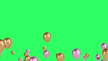 Renkli pembe ve altın balonlar yeşil krom arka planda uçar. Şenlikli