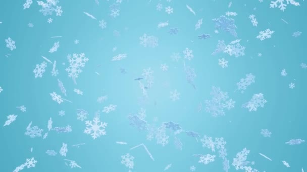 Flocons de neige de Noël volant sur fond bleu. Hiver Nouvel An toile de fond. — Video