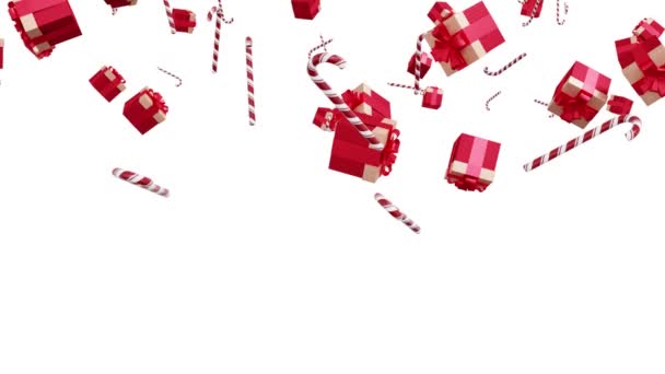 Permen Natal tongkat dan kotak hadiah merah di latar belakang putih. Natal dan Tahun Baru. — Stok Video