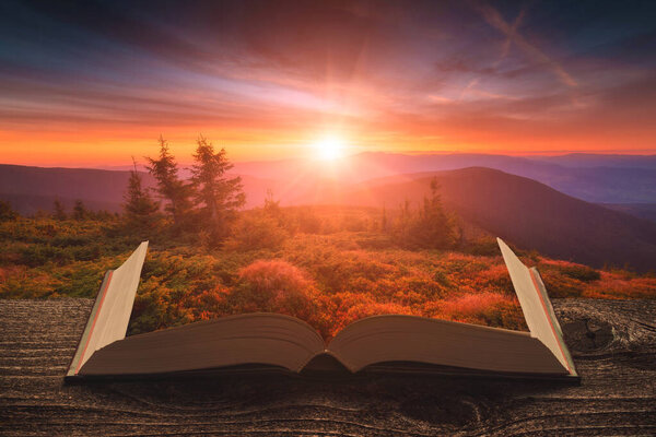 Gorgeous carpathian mountain valley at sunset on the pages of an open book. Majestic landscape. Travel and education concept.
