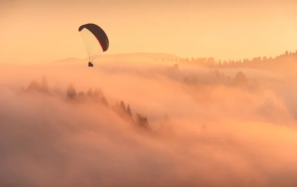 Paraglide Silhouet Vliegt Vrije Oekraïense Karpaten Vroege Ochtend Scène Schoonheid — Stockfoto