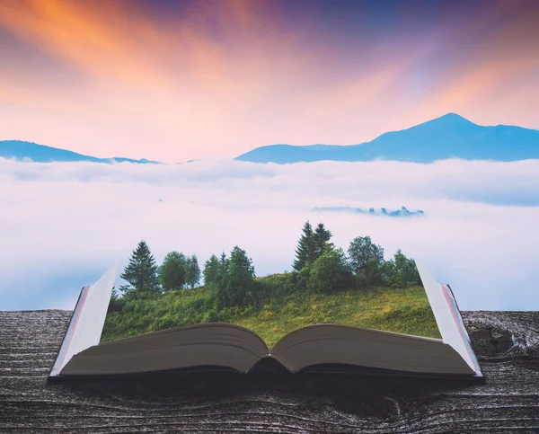 Альпийская Долина Покрыта Утренним Туманом Страницах Открытой Книги Величественный Пейзаж — стоковое фото