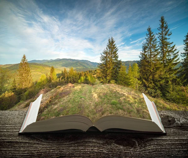 Hegyi Völgy Egy Nyitott Könyv Lapjain Fenséges Táj Természet Oktatás — Stock Fotó