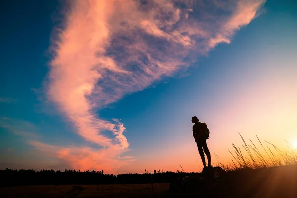 Girl Hiker Silhouette Majestic Pink Clouds Sunset Sky Imágenes de stock libres de derechos