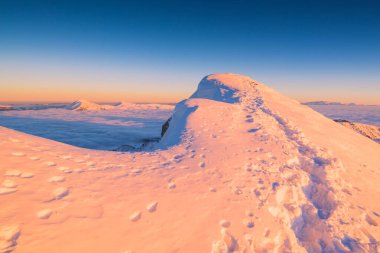 The trail in a deep snow to the mountain top. Marmaros ridge, ukrainian Carpathians, Europe.