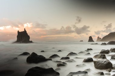 Sunset at Benijo beach, Anaga Rural Park, north of Tenerife, Canary Islands, Spain clipart