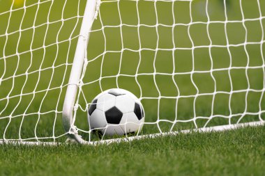 Gol içinde futbol topu. Futbol topu çimenlerde yatıyor. Futbol teçhizatı. Beyaz Futbol Gol ve Ağ