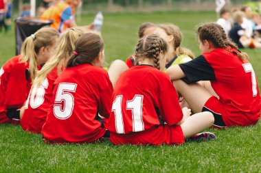 Genç bayan futbol takımındaki bir grup kız. Açık havada bayan futbol takımı. Spor çim tarlasında kadın beden eğitimi dersi. Genç bir bayan spor takımının genç futbolcuları.