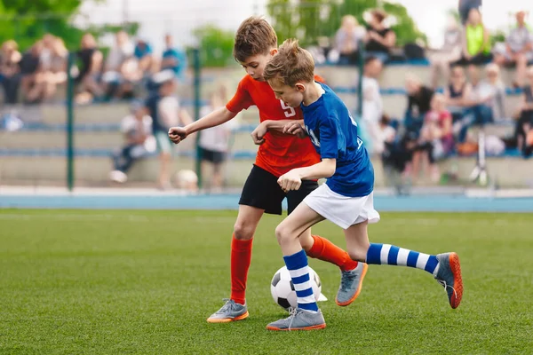 Two Kids Playing Football Ball Grass Field Happy School Boys — Stock Photo, Image