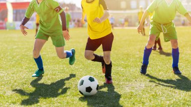 Yaz güneşli bir günde futbol maçı. Genç Çocuklar Turnuva Maçı 'nda yarışıyor. Okul çocukları Çimen Sahasında Klasik Futbol Topu koşuyor