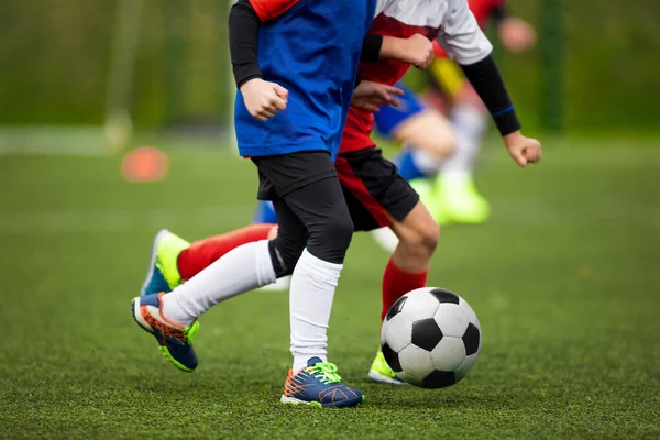 Children Kicking Soccer Ball Grass Field Two School Kids Running — Stock Photo, Image