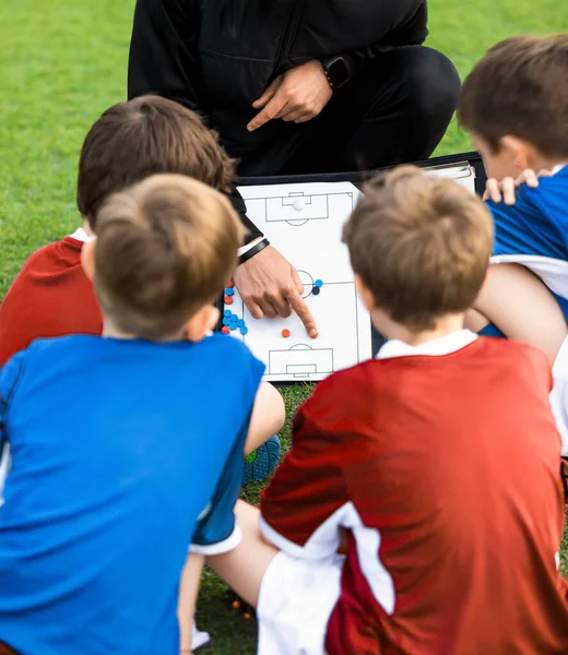 Trener Wyjaśniający Szkolnym Piłkarzom Plan Gry Dzieci Słuchające Porad Trenera — Zdjęcie stockowe