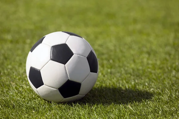 Klasik futbol topu çimen sahada. Klasik futbol topunun yan görüntüsü. Spor futbolunun arkaplan resmi 