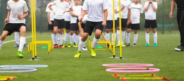 Young Boys Running Slalom Track Training Poles Jumping Ladders Teenage — 스톡 사진