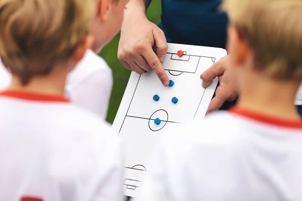 Treinador Explica Uma Estratégia Jogo Usando Quadro Branco Treinador Futebol — Fotografia de Stock