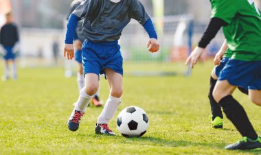 Küçük Çocuklar Futbol Turnuvası Maçı Serisi. Yaz güneşli bir günde futbol maçı. Grey ve Green Jersey formalı okul çocukları Grass Pitch 'te Klasik Futbol Topu koşuyor