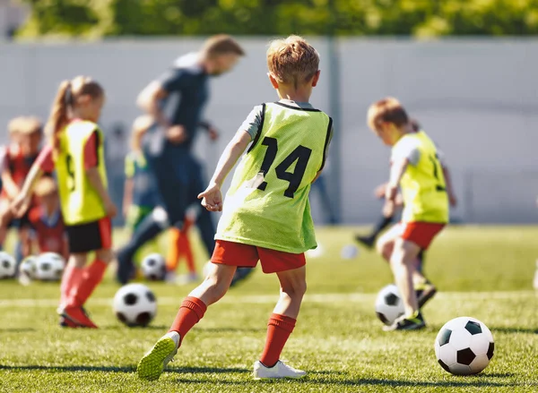 School Children Play Soccer Football Training Game Coach Kids Kicking — Fotografia de Stock