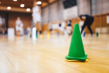 Sports Basketball Training Session For Youth Talented Players. Basketball Training Cones at Sports Hall