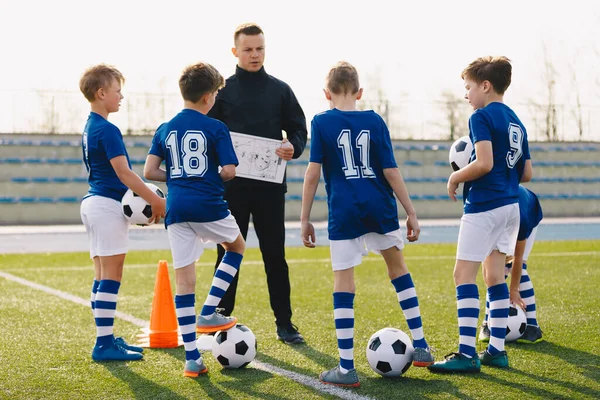 Football coach coaching children. Young coach teaching kids on football field. Trainer explains to schoolboys training rules. Soccer football training session for children. Football tactic education.