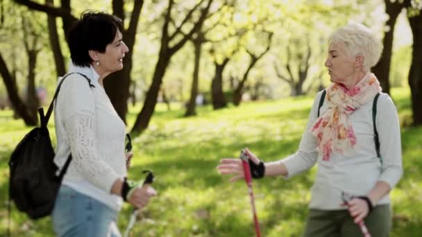 Due donne adulte sono in piedi nel parco, parlando e ridendo. — Video Stock