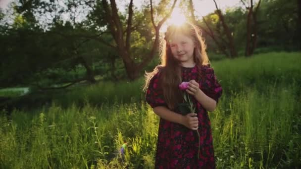 Criança jovem no campo com flores — Vídeo de Stock