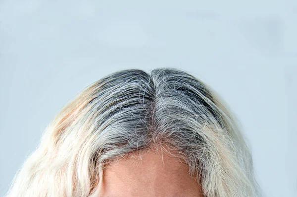 Mujer Raiz Pelo Con Canas Tinte Cabello Rubio Mostrar Raves — Stok fotoğraf