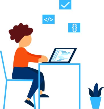 Programlama dili öğrenmek için dizüstü bilgisayar kullanan küçük bir çocuğun canlandırması.