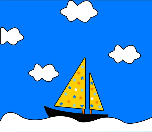 Simple Illustration Boat Sailing Sea Lots Clouds — Stockvektor