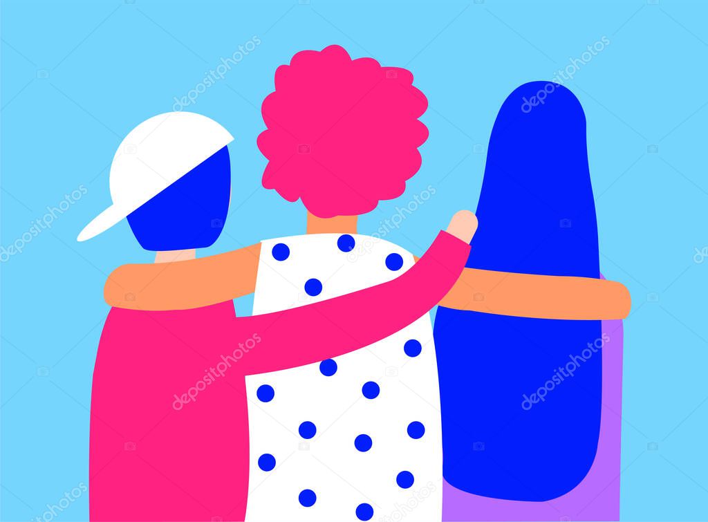 Flat illustration about diverse friendship without boundaries. Back side of teenagers are seen, each of them put hand on each others shoulder.