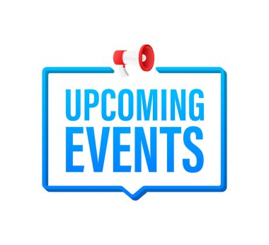 Yaklaşan olaylarla birlikte megafon etiketi. Megafon bayrağı. Web tasarımı. Vektör stok illüstrasyonu.