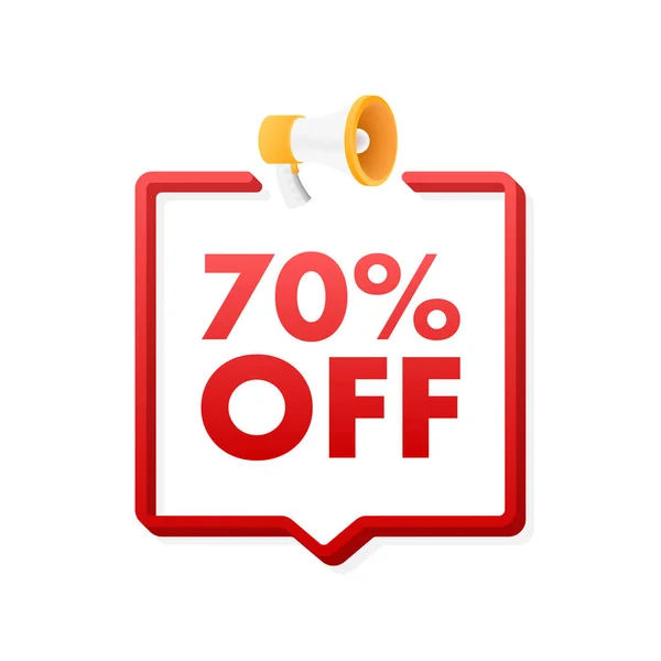 70% 의 OFF Sale Discount Banner 는 메가폰을 사용 합니다. 할인 가격표를 제시 한다. 70% 할인 플랫 아이콘. 벡터 일러스트. — 스톡 벡터