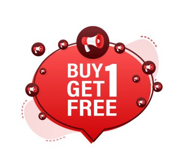 Megafon afişi, iş konsepti ve 1 alana 1 bedava. İndirimli etiket. Vektör stok illüstrasyonu.