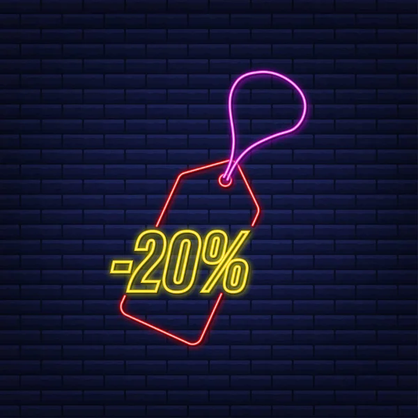 20 por cento FORA Venda de desconto neon tag. Preço de oferta de desconto. 20 por cento ícone de promoção de desconto plana com sombra longa. Ilustração vetorial. —  Vetores de Stock