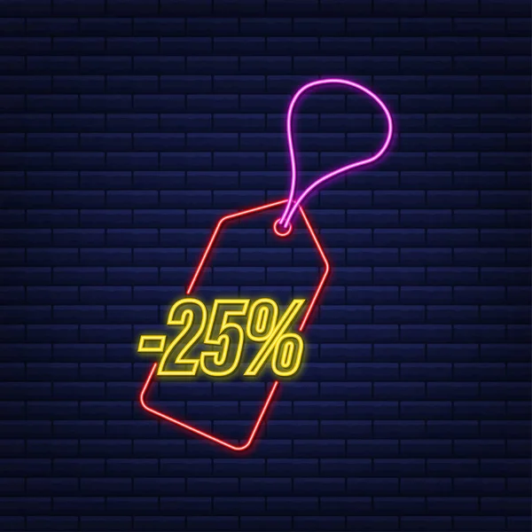 25 procent sleva z prodeje neon tag. Slevová nabídka cenovka. 25 procent sleva propagace ploché ikony s dlouhým stínem. Vektorová ilustrace. — Stockový vektor