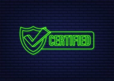 Tasdikli pul vektörü koyu arkaplanda izole edildi. Neon simgesi.