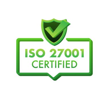 ISO 27001 sertifikalı rozet, ikon. Sertifika damgası. Düz tasarım vektör çizimi.