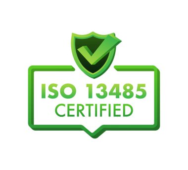 ISO 13485 sertifikalı rozet, ikon. Sertifika damgası. Düz tasarım vektör çizimi.